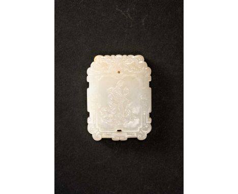 A CHINESE WHITE JADE PENDANTQING DYNASTYOne side carved in relief with a rabbit wearing flowing robes and holding a fan, the 