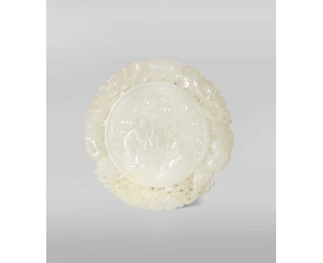 A CHINESE WHITE JADE CIRCULAR PLAQUEQING DYNASTY OR LATEROne side carved with two figures amidst cloud scrolls, the reverse w
