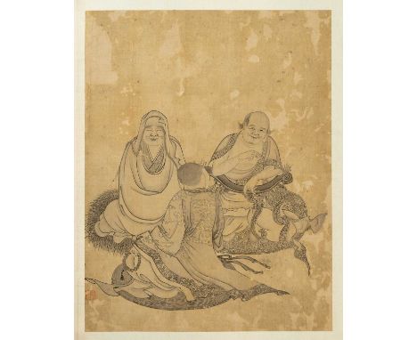 AFTER LI LONGMIAN (REPUBLIC PERIOD)PORTRAITS OF LUOHANA Chinese album of six paintings, ink on paper, one of the album leaves