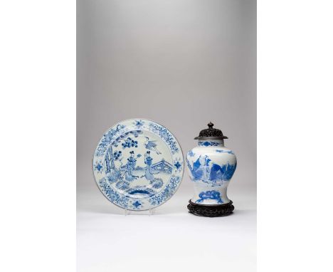 A CHINESE BLUE AND WHITE DISH AND BALUSTER VASE 18TH AND 19TH CENTURYThe dish painted with two young women accompanied by cra