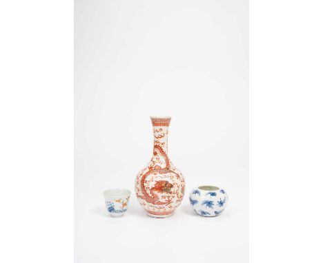 A CHINESE WUCAI 'MONTH' CUP, A 'DRAGON' VASE AND A WATERPOTQING DYNASTY AND LATERThe cup painted with blossoming tree and cal