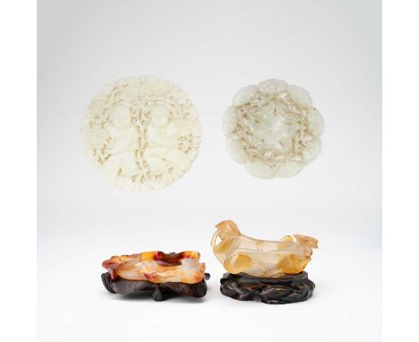 TWO CHINESE AGATE BRUSH WASHERS AND TWO JADE PLAQUESLATE QING DYNASTYOne plaque carved with the Hehe Erxian, the other with a