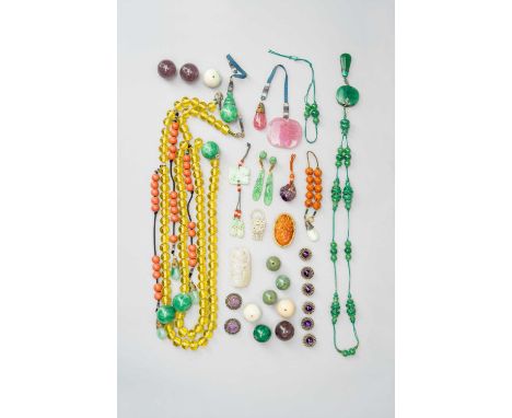 TWO CHINESE NECKLACES, VARIOUS BEADS, PENDANTS AND OTHER ITEMSMOSTLY QING DYNASTYIncluding: a pair of jadeite earrings, an am