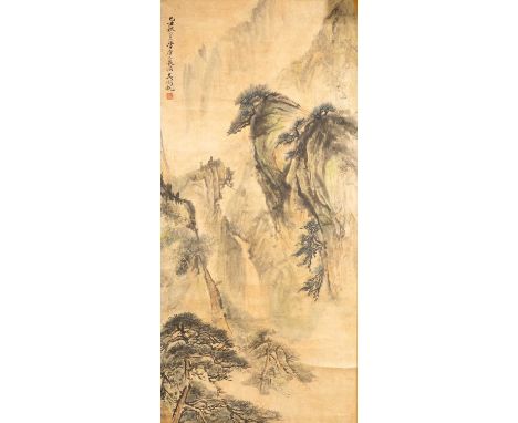 AFTER WU HUFANLANDSCAPEA Chinese painting, ink and colour on paper, inscribed, dated yichou, and a signature with an artist's