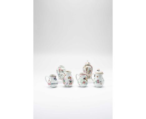 FOUR CHINESE FAMILLE ROSE SPARROW-BEAK JUGS AND TWO TEA CANISTERSMID 18TH CENTURYVariously decorated with figures, birds, flo