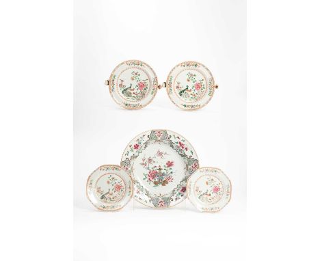 A CHINESE FAMILLE ROSE BASIN, A PAIR OF HOT WATER PLATES AND TWO PLATESMID 18TH CENTURYThe basin painted with a tripod vessel
