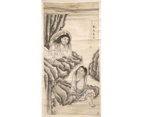 AFTER HUA YANPORTRAIT OF LIUHAIA Chinese scroll painting, ink and colour on paper, inscribed and signed with four artist's se