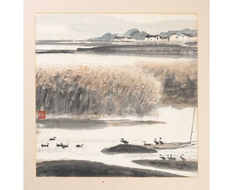 ANONYMOUSREED PONDA Chinese painting, ink and colour on paper, bears an artist's seal which reads shen yi, framed and glazed,