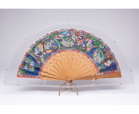 A CHINESE PAPER FAN19TH CENTURYThe paper leaf painted with figures, their faces ivory, their clothes silk, all within a borde
