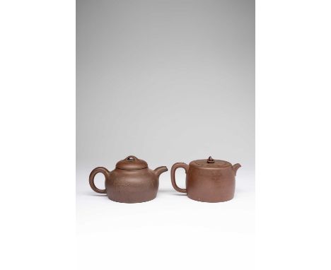 TWO CHINESE YIXING TEAPOTS AND COVERS19TH AND 20TH CENTURYOne incised with chrysanthemum and a poem, the cover with a ring kn