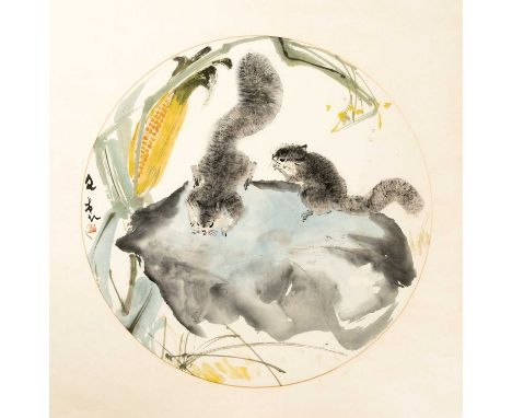 CHEN WENXI (CHEN WEN HSI, SINGAPORE 1906-91)SQUIRRELS AND SWEETCORNA Chinese painting, ink and colour on paper, signed Wenxi 