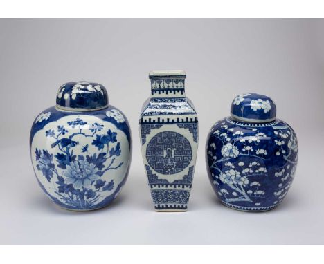 THREE CHINESE BLUE AND WHITE VASES, TWO WITH COVERSLATE QING DYNASTYComprising: a square section archaistic vase, an ovoid pr