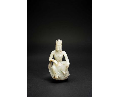 A CHINESE PALE CELADON JADE CARVING OF A BODHISATTVAPROBABLY MING DYNASTYSeated in lalitasana and wearing a bead necklace and