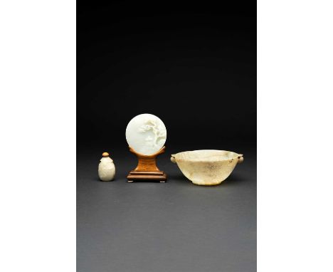 A CHINESE MUGHAL STYLE JADE BOWL, A JADE CIRCULAR PLAQUE AND A SNUFF BOTTLEQING DYNASTYThe bowl carved with vertical lines an