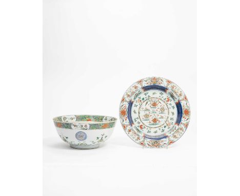 A LARGE CHINESE FAMILLE VERTE BOWL AND A DISHKANGXI 1662-1722The bowl painted with lotus to the interior and with a band of s