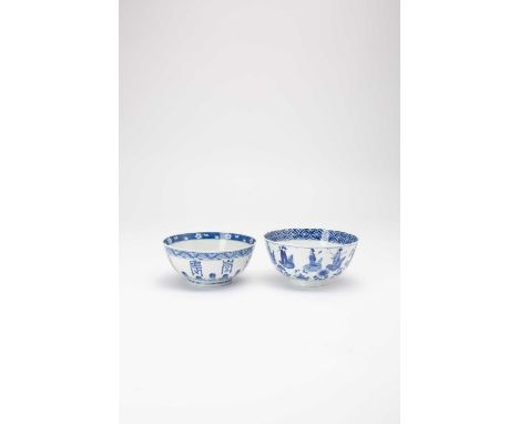 TWO CHINESE BLUE AND WHITE BOWLSKANGXI 1662-1722One a moulded 'Immortals' bowl, the other painted with shou characters to the