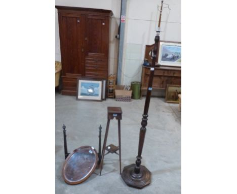 An oak lamp standard, dressing table mirror and a jardiniere stand