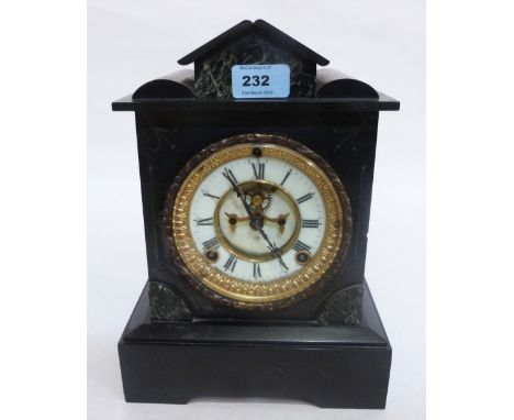 A French slate and marble mantle clock, the dial with Brocot escapement. c.1900. 12' high