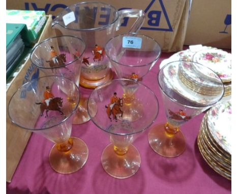 A 1950s glass lemonade set decorated with hunting scenes 