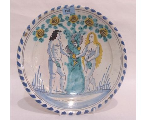 An English Delft Blue Dash Adam and Eve Charger c.1700, London, Brislington or Bristol. Painted in green, blue and ochre mang
