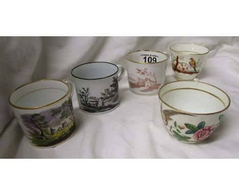 Early English porcelain consisting of 3 coffee cans &amp; 2 cups, with hand coloured transfer print decoration &amp; gilt hig