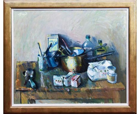 * JOHN G BOYD RP RGI (SCOTTISH 1940 - 2001), STUDIO WORK TABLE  oil on canvas, signed, titled verso framed     image size 77c