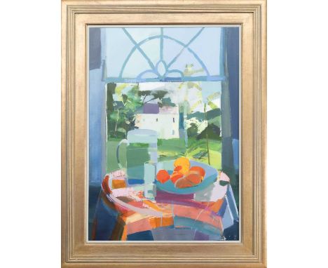 * CLAIRE HARRIGAN RSW (SCOTTISH b. 1964), ORANGES AT THE WINDOW mixed media on paper, signed, titled and dated 1995 versofram