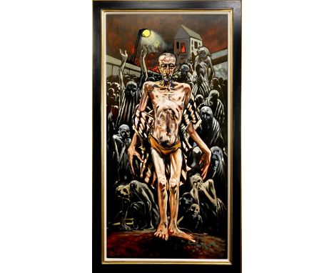 * PETER HOWSON OBE (SCOTTISH b. 1958), HOLOCAUST oil on canvas, signed, titled versoframedimage size 180cm x 90cm, overall si