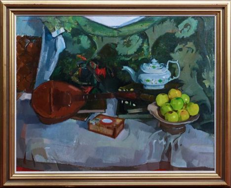 * NORMAN KIRKHAM RGI (SCOTTISH 1936 - 2021), STILL LIFE WITH MANDOLIN oil on canvas, signed, titled label versoframed image s