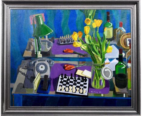 * MAGGIE MILNE (SCOTTISH b. 1957), STILL LIFE WITH CHESS oil on board, signed and dated '80framedimage size 63cm x 78cm, over