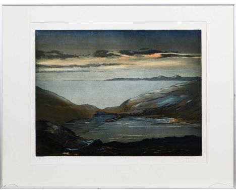 * TOM MACKENZIE (SCOTTISH 1947 - 2018) NORTH UIST FROM SKYE limited edition. coloured etching on paper, signed, titled and nu