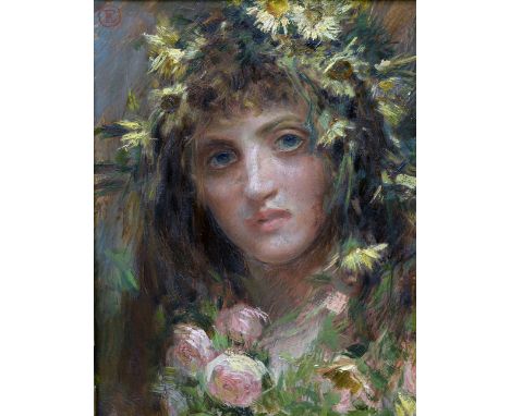 CONTINENTAL SCHOOL (19th century)
Allegory Portrait of Summer
Oil on panel
Signed with monogram ER, stencil to verso for H. V