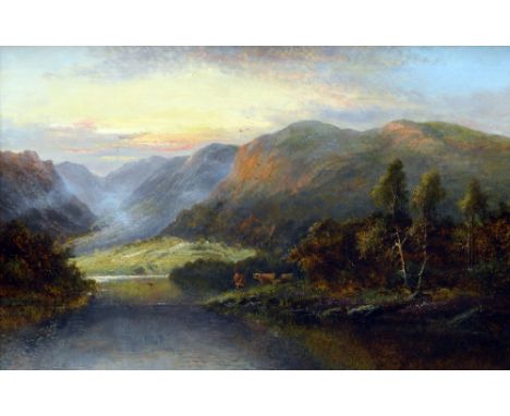 WILLIAM LANGLEY (1852-1922) British
Highland Cattle in a Mountainous Loch Scene
Oil on canvas
Signed
74 x 49 cm, framed CONDI