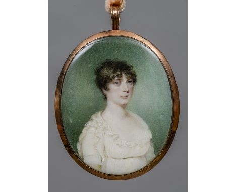 An early 19th century portrait miniature on ivory
Depicting a young lady wearing a white lace dress, the reverse with hair pl