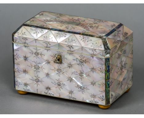 A Victorian mother-of-pearl and abalone shell tea caddy
With engraved floral decoration, the interior with twin lidded compar