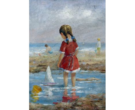 R. GUSSONI (20th century) Continental
On the Beach
Oil on board
Signed
42 x 61 cm, framed CONDITION REPORTS: Generally in goo