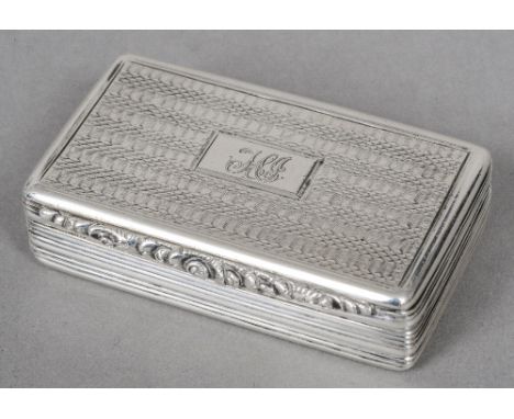 A George IV silver snuff box, hallmarked Birmingham 1827, maker's mark of FC
Of hinged rectangular form, the lid with an init