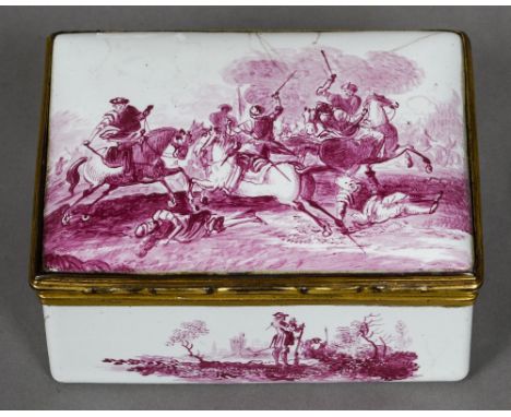 An 18th century Continental enamel and gilt metal mounted table snuff box
Of rectangular section, the hinged cover puce decor