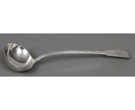 A George IV silver soup ladle, hallmarked London 1822, maker's mark of William Eley & William Fearn
Fiddle and Thread pattern