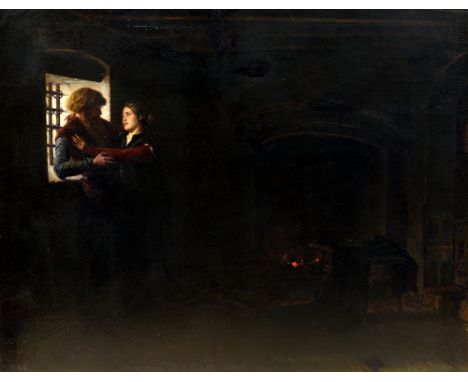PRE-RAPHAELITE SCHOOL (19th century)
Romantic Couple by a Barred Window in a Castle Interior
Oil on canvas
Indistinctly signe