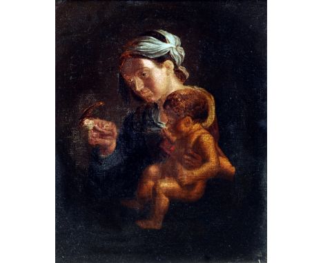 CONTINENTAL SCHOOL (19th century)
Portrait of a Mother and Child with Songbird
Oil on canvas laid on board
Inscribed to verso