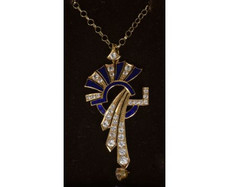 An unmarked 18 ct gold enamel decorated pendant
Mounted on a 9 ct gold chain.  The pendant 5.5 cm high. CONDITION REPORTS: So