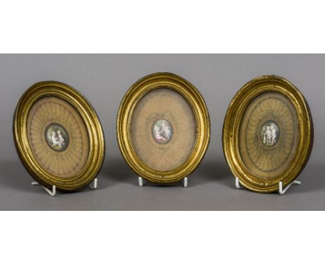 Three framed enamel plaques, possibly 18th century
Each depicting two putto with a pet, each housed in a pressed brass oval f