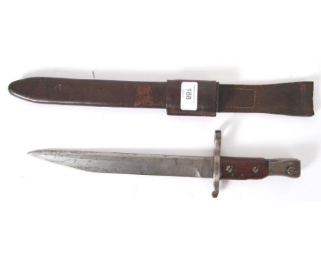 BAYONET: An Edwardian Canadian bayonet with leather scabbard, marked Ross Rifle Co., Quebec, patented 1907, length 37cm. Comp