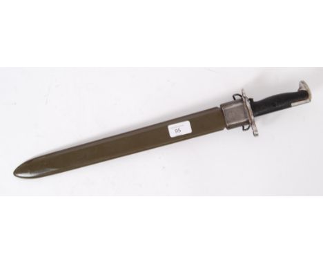 BAYONET: An original Second World War WW2 era U.S. issue M1 Garand bayonet blade. In its 'US' marked plastic scabbard, with l