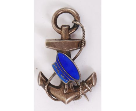 ROYAL NAVY: A charming hallmarked silver and enamel ' Royal Navy ' pin brooch in the form of an anchor. Hallmarks to reverse.