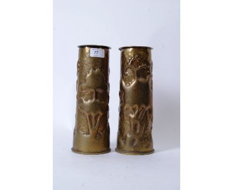 TRENCH ART: A good pair of First World War WWI era brass artillery shells (dated 1918) trench art vases. Each shell pressed a