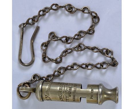 POLICE WHISTLE: An original Victorian / early 20th century Police ' Metropolitan ' uniform whistle, impressed with ' Manchest