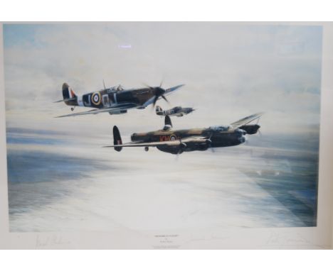 MEMORIAL FLIGHT; A Robert Taylor signed print " Memorial Flight " depicting Spitfire's, the picture also signed by pilots Leo
