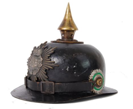 PICKELHAUBE: A late WWI First World War Saxon ersatz pickelhaube helmet, with blackened spun steel skull with integral front 
